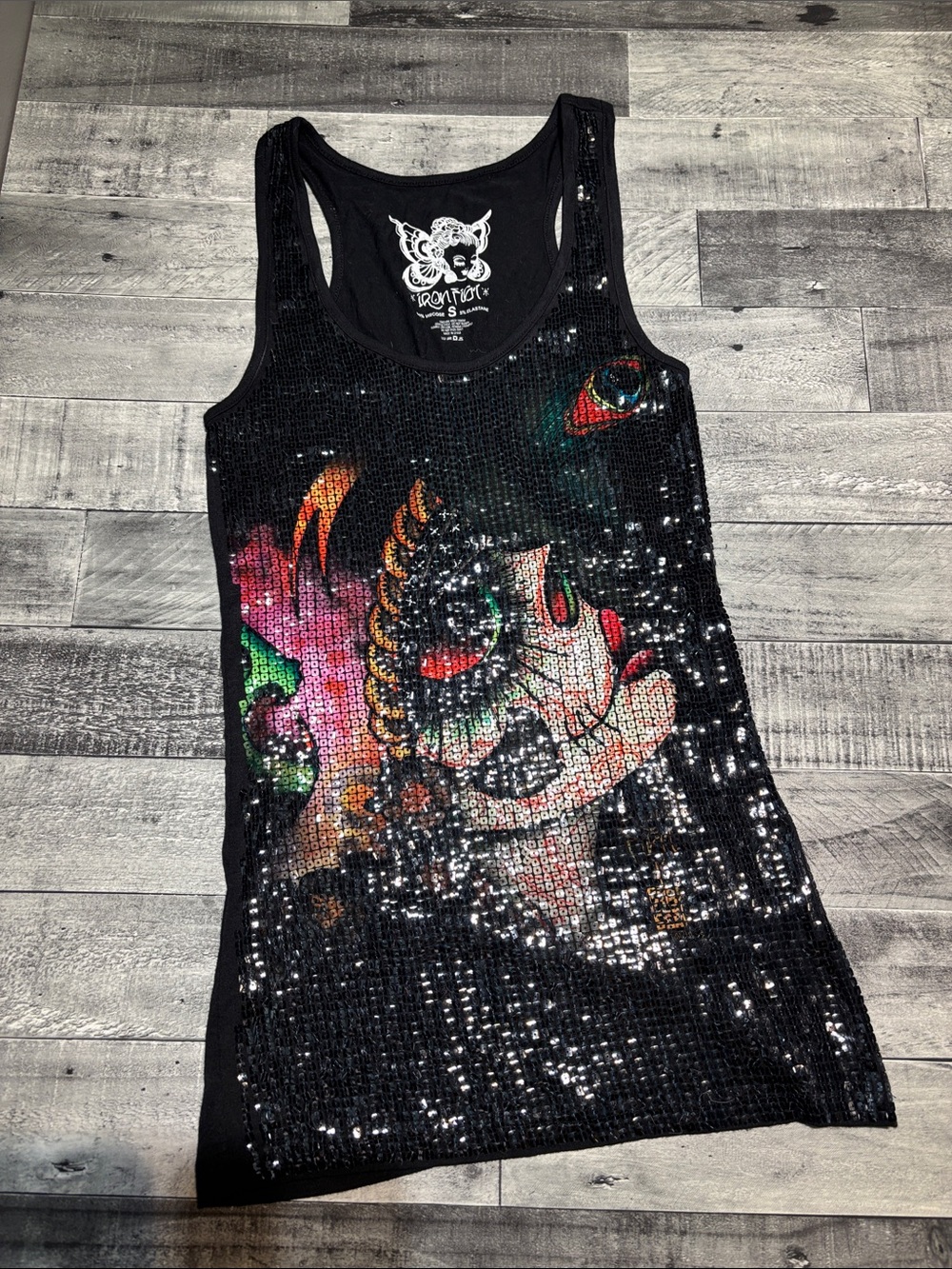 Iron Fist Black Sequin Tank Top with Multicolor Skull Graphic